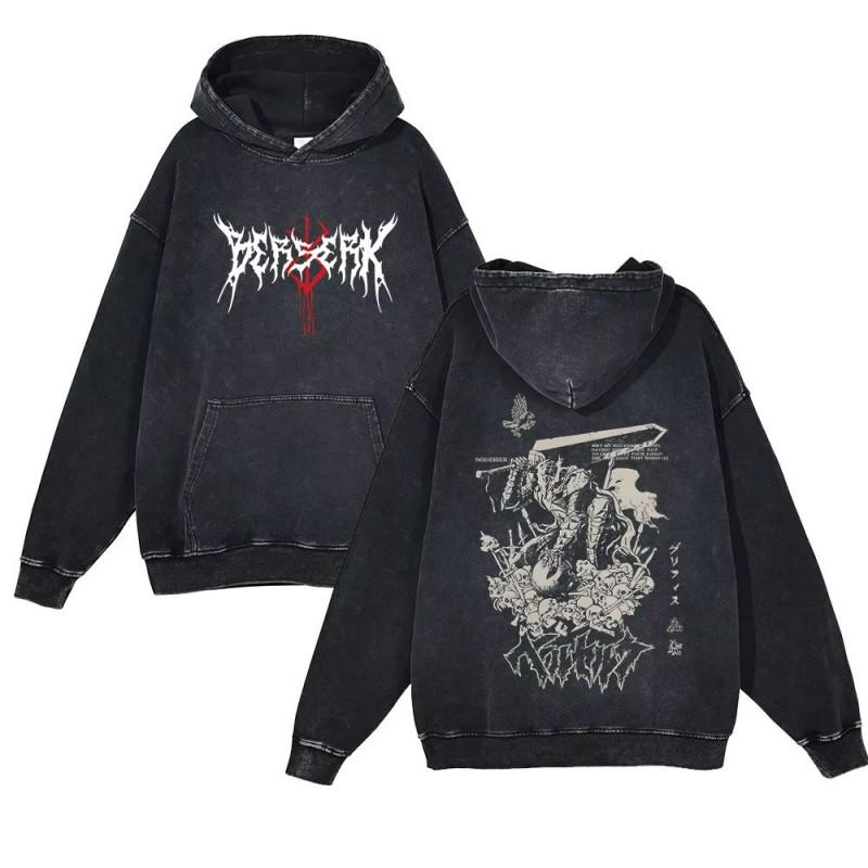 Heavyweight 440g Washed Vintage Berserk Manga Print Hoodie Men Streetwear Casual Sweatshirt