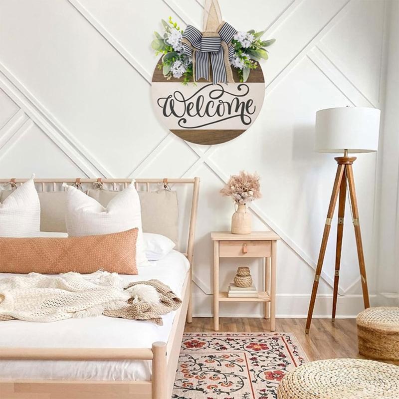 Деревянная приветственная табличка Цветочный венок Подвески Подвески для входной двери Стены Сада Доска с украшениями в виде бантиков