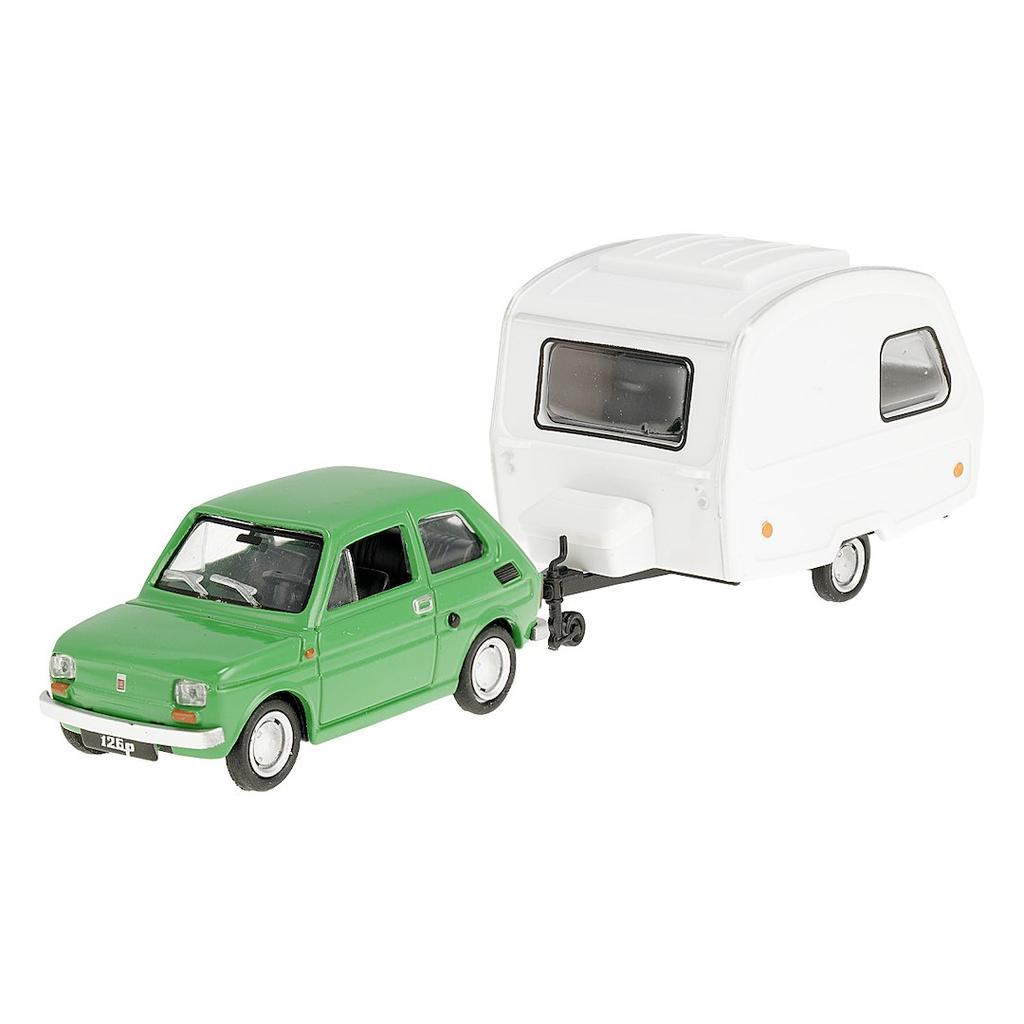 Model 1:43 Zestaw Fiat 126p + przyczepa Niewiadów Kemping, zielony