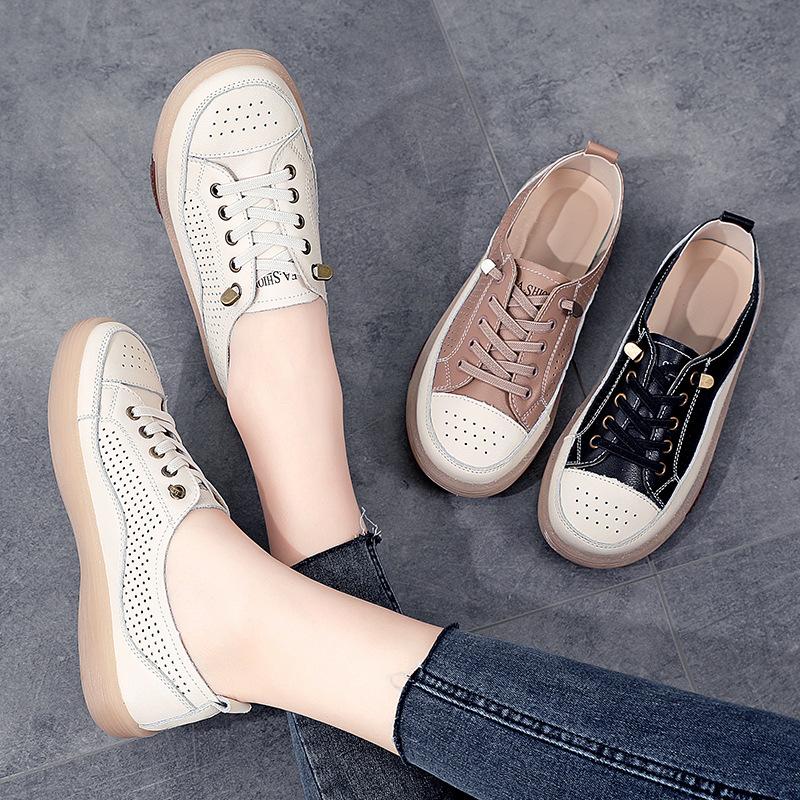 Women Flat Shoes Summer Breathable Cutout Casual Shoes Ladies Soft Bottom Genuine Leather Flats Black Shoes Woman