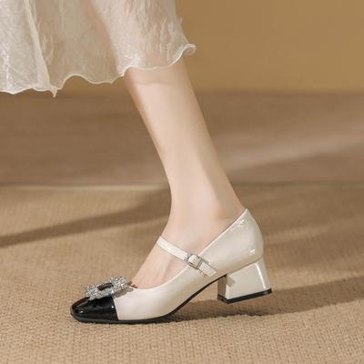 Весенне-летние новые французские туфли Мэри Джейн с феей, ветер, вода, бриллиант, квадратный носок, толстый каблук, одинарные туфли, женские бордовые свадебные туфли