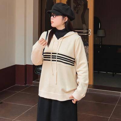 Большие размеры Женская повседневная толстовка с капюшоном Полосатые топы Осенне-зимний свободный трикотаж