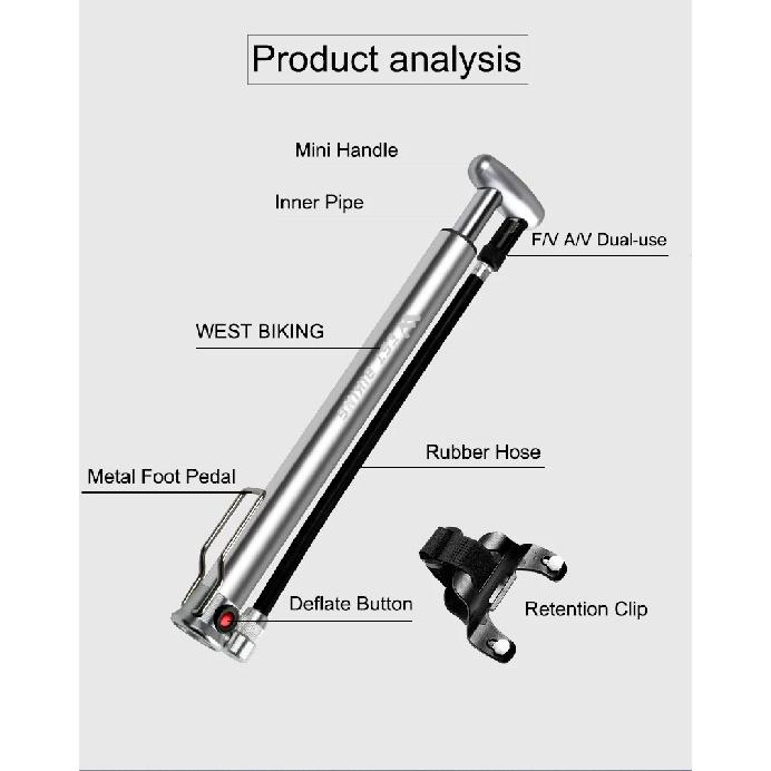 WEST BIKING 140psi High-pressure Bike Pump with Gauge for Fork Hand Cycling Tire Inflator Schrader Presta Valve Bicycle Pump