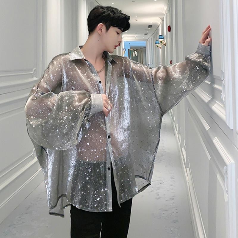 Мужская прозрачная рубашка, свободная мешковатая блестящая блузка с прозрачными рукавами реглан, клубные топы, праздничная одежда