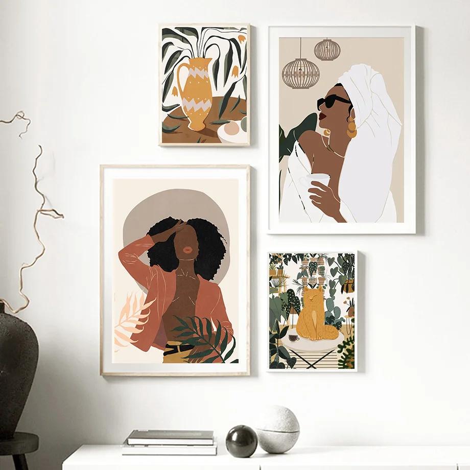 Black Girl Monstera Flower Abstract Boho Wall Art Canvas Painting Nordic Posters And Prints Wall Pictures For Living Room Decor