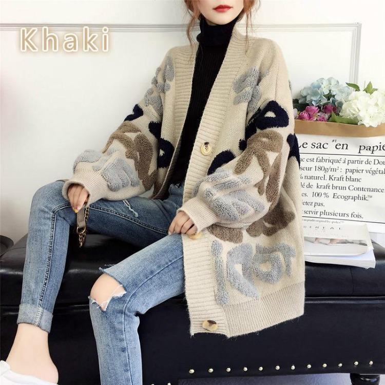 Женский вязаный кардиган в корейском стиле, с длинным рукавом, свободный, толстый, однобортный, с принтом в виде букв, для весны и осени