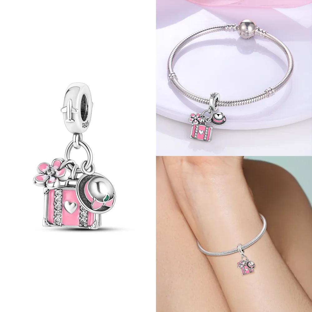 Copper Travel Series Suitcase Camera Airplane Hat Charms Fit Original Snake Chain Bracelet Diy For Women Jewelry Making Gift