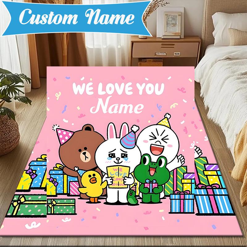 Custom Name Happy Birthday Brown Bear Rug for Living Room, Game Rooms, Office, Bedroom, Floor Mat Playful Design, fan gifts Christmas decor