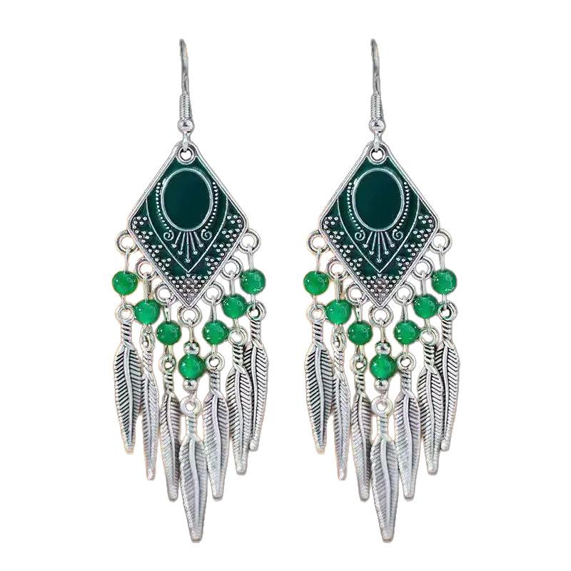 Vintage Ethnic Crystal Drop Oil Dangle Earring for Women Rhombus Leaf Tassel Earrings Vacation Style Jewelry Accessories