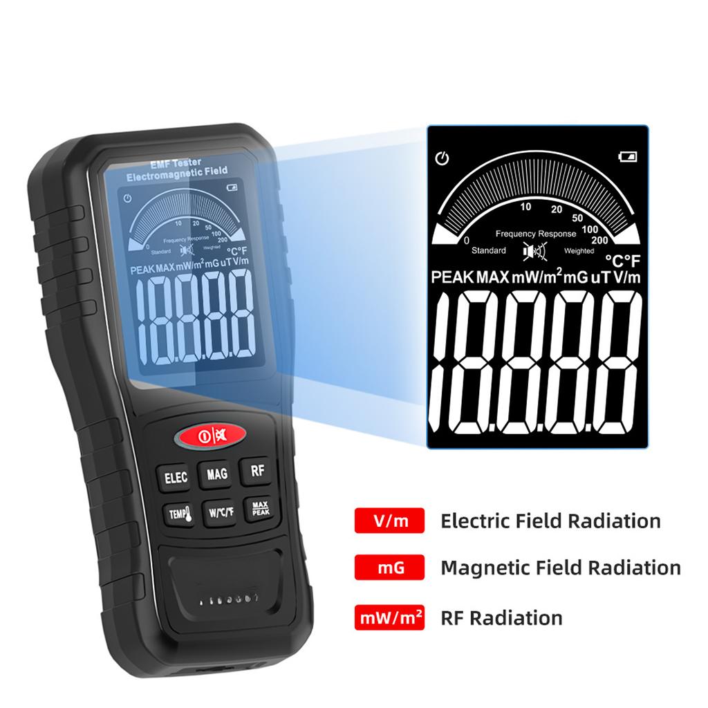 Rechargeable EMF Meter 4  in  1 Electroic Field Radiation Tester EMF Detector black