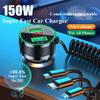Автомобильное USB-зарядное устройство 150 Вт, быстрая зарядка 3,0 с кабелем 3 в 1 и ЖК-дисплеем для мобильных телефонов Iphone 13 12 11 Pro Max Ipad Xiaomi Samsung
