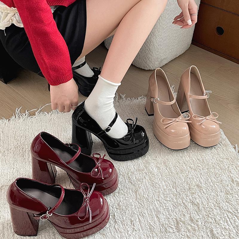 Autumn Platform Thick Heel Women Mary Jane Shoes Fashion Butterfly-knot Shoes Ladies Outdoor Dress Pumps