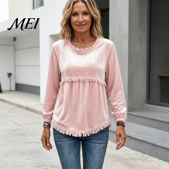 Loose Fit Women Tops Fall O-Neck Shirt, Casual Fringe Blouse, Solid Breathable Top Color Ruffle Long Sleeve Pullover with Tassels Office Wear Shirts