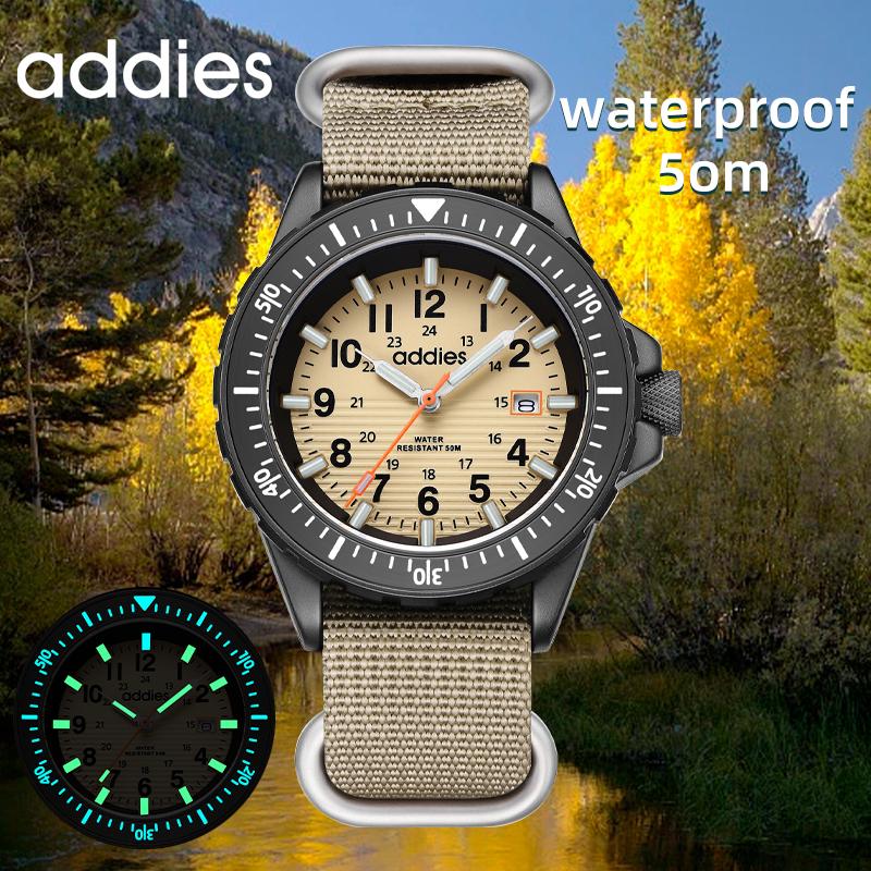 ADDIES Men's Outdoor Fashion Watch 50m Water Resistance 41mm Quartz Watch Nylon Strap Tubular Luminous Display with Calendar