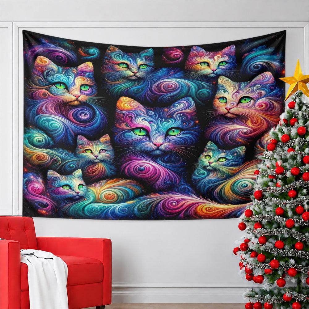 Colorful Swirled Galaxy Cats Artwork Pattern Wall Hanging Tapestry Decorative Tapestry Home Decor for Bedroom and Living Room
