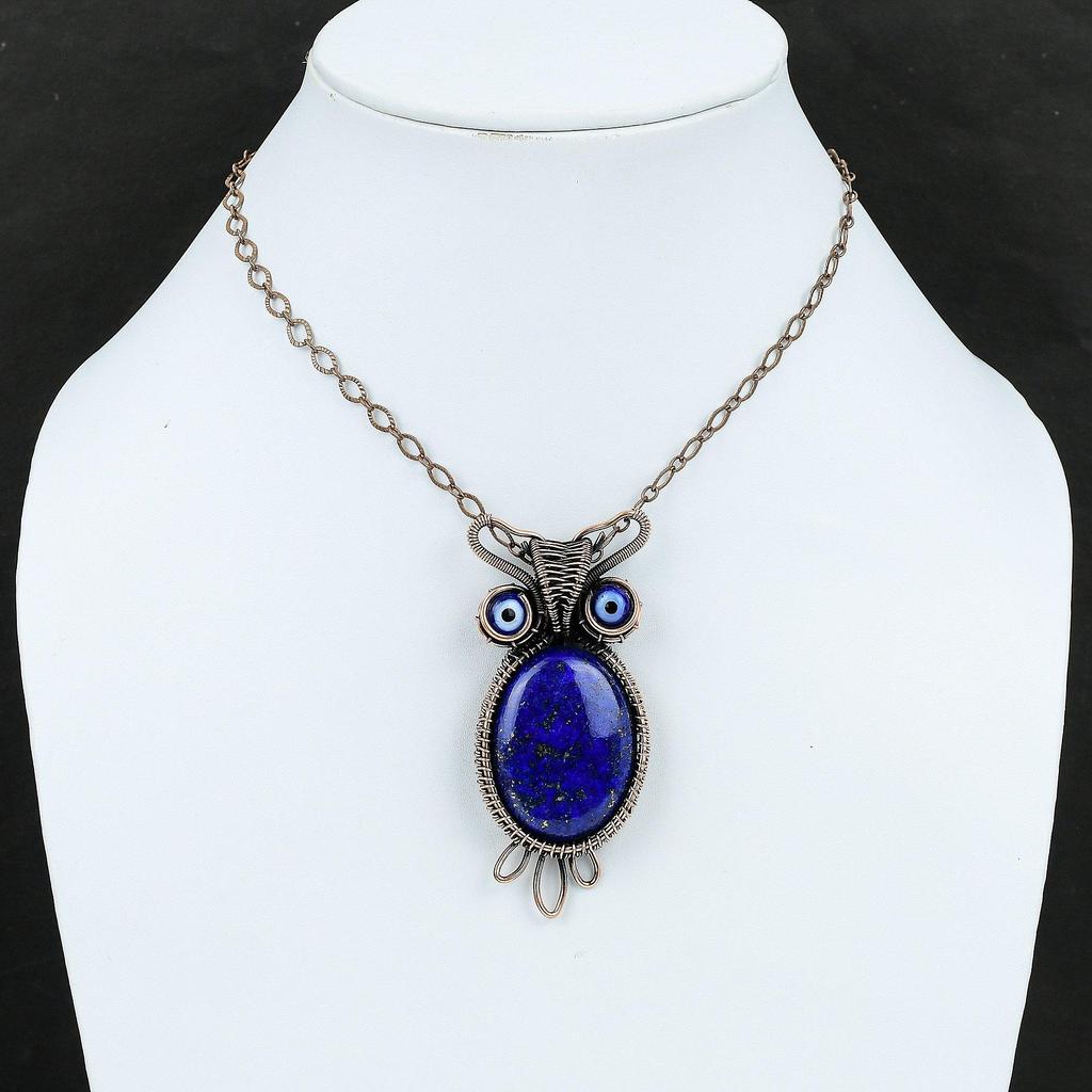 Подвеска из лазурита и меди, обмотанная проволокой, подвеска синего цвета от сглаза, подвеска из драгоценного камня и меди, подвеска в виде совы, украшения ручной работы, обмотанные проволокой