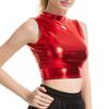 Women Crop Top Round Neck Sleeveless Glossy Solid Color Short Waist-exposed Slim Fit Pullover Club Party Performance Tank Top
