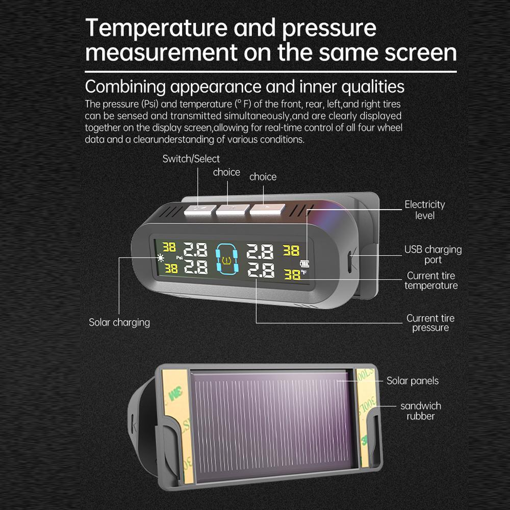 Интеллектуальная система контроля давления в шинах TPMS, 4 внешних датчика, дисплей, интеллектуальное предупреждение о температуре и давлении в шинах на солнечной батарее