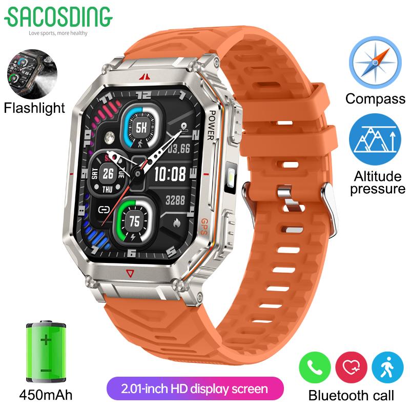 New Smart Watch GPS Sports Men Compass LED Flashlight Altimeter Barometer Bluetooth Call 3ATM Waterproof AMOLED Screen Smartwatch 450mAh