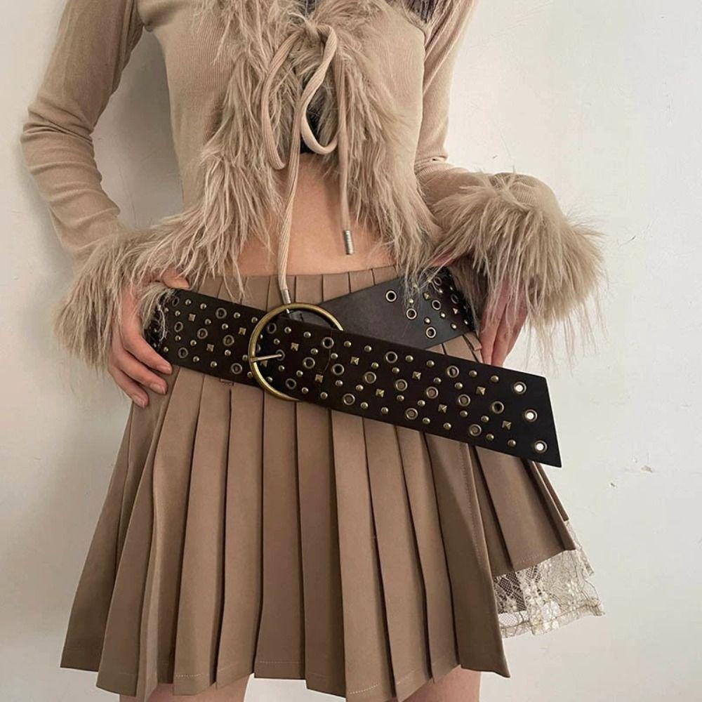 Y2K широкий пояс с заклепками из искусственной кожи ремень ретро-платье для ковбойши