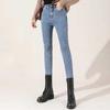 Women Winter Plush Jeans High Waist Thick Velvet Lined Slim Fit Pencil Pants Button Zipper