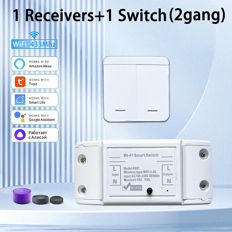 10A Tuya WiFi Smart Switch 433MHz Relay Breaker Smart Home Wireless Control Switch 1/2/3 Gang Wireless Wall Switch Voice Control