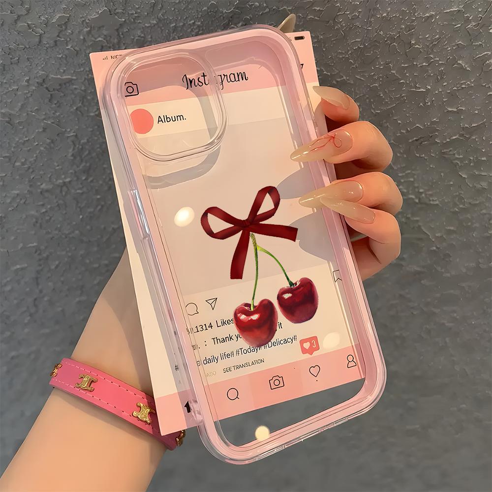 Чехол для телефона с рисунком Красная Вишня и Бант Для iPhone 17 16 15 14 13 12 11 Pro Max Plus Air 2 в 1 Конфетный Цвет Прозрачный Силиконовый Мягкий Чехол