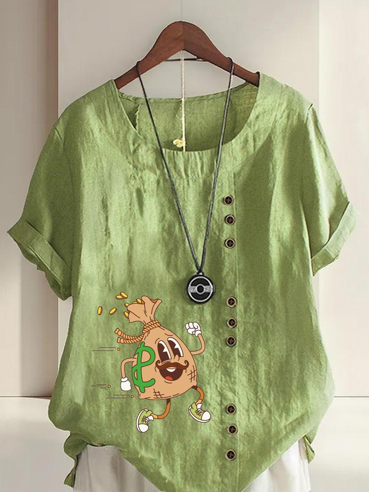 Women's Fashion Human Shaped Money Bag Print Shot Sleeve T-shirt Loose Cotton Shirt Casual Loose Summer Blouse Tops Plus Size