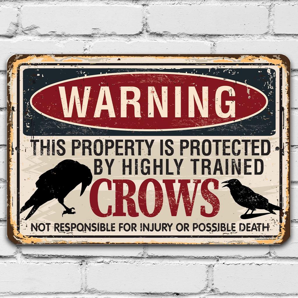 Warning Property Crows Funny Raven Display No Trespassing Sign Metal Yard and Farm Decoration Classic Field Sign and Vintag