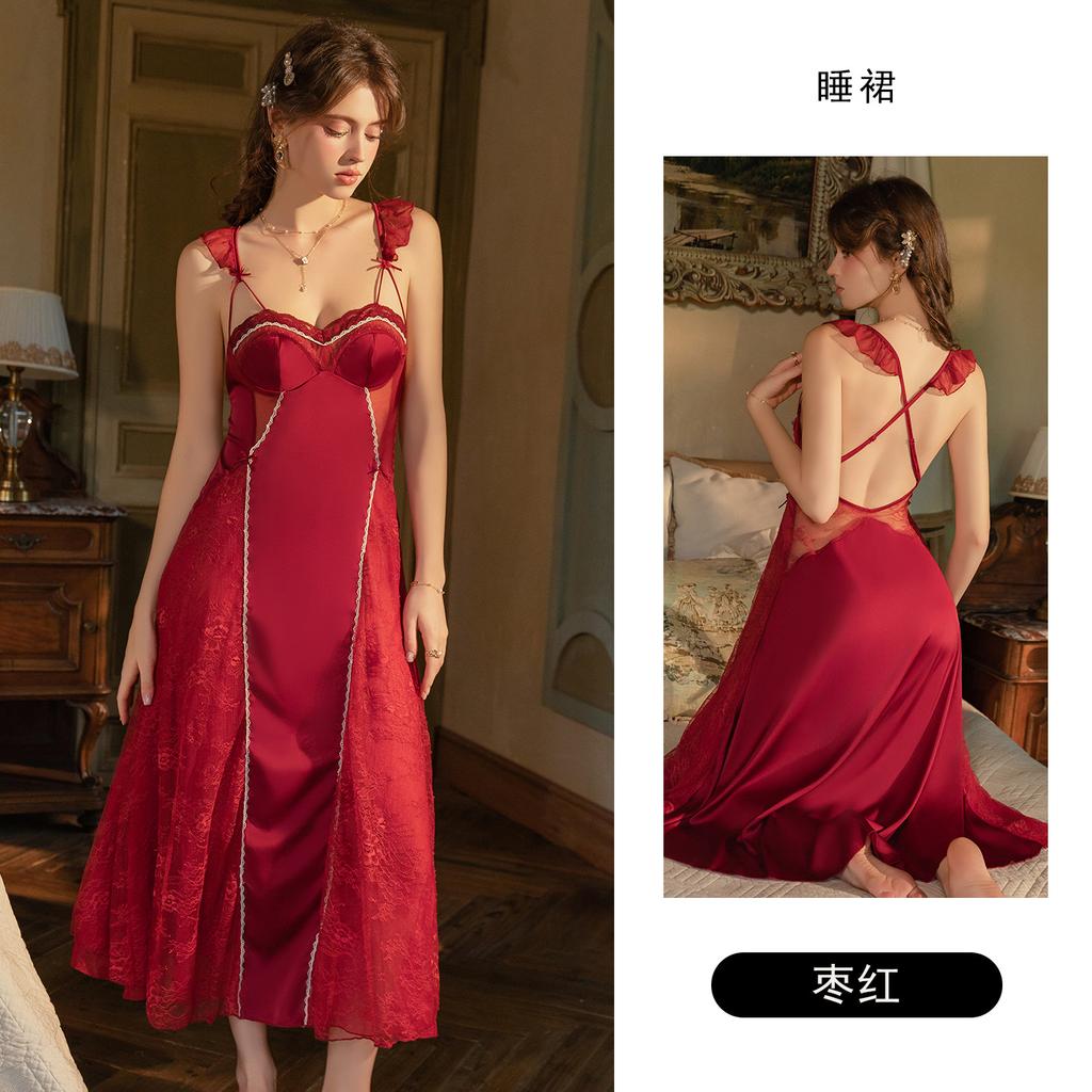Women's Satin Sheer Lace Padded Low Cut Push Up Backless Cami Long Sleep Dress