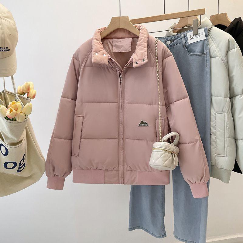 Womens Warm Puffer Jacket With Stand Collar Loose Fit Down Cotton Filled Winter Coat Korean Style Casual Outerwear