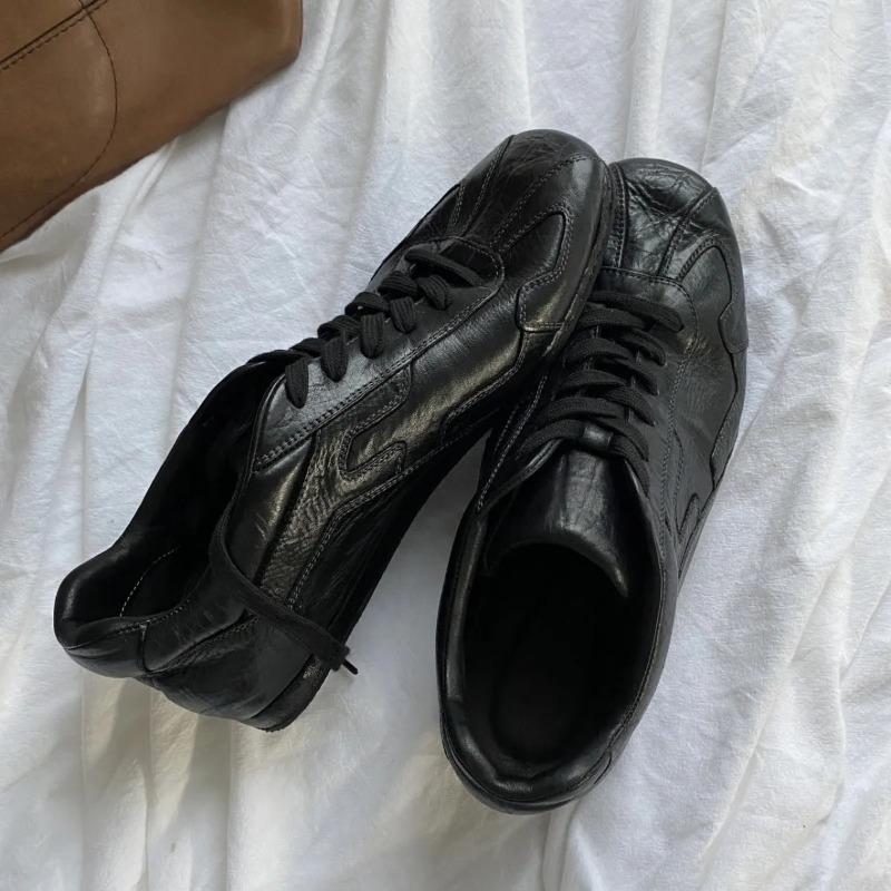 Вымытая Ручная Работа Коровья Кожа Немецкие Тренировочные Туфли Женские Ретро Старые На шнуровке На плоской подошве Одинарные Туфли