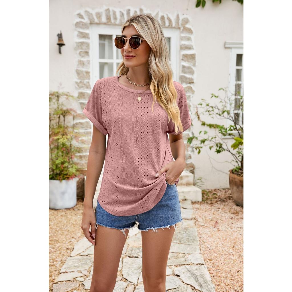 GMXIA Летняя женская повседневная футболка с вырезом O-образным вырезом и короткими рукавами с перфорацией