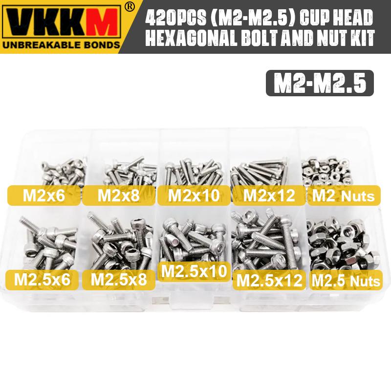 420 шт. (М2-М2.5) Комплект шестигранных болтов и гаек с чашеобразной головкой из нержавеющей стали