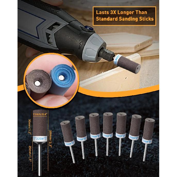 Sanding Drums Set for Dremel Rotary Tool 1/8" Shank Sandpaper Sticks 180-2000 Grits Metal Rust Removal Stone Grinding Polishing