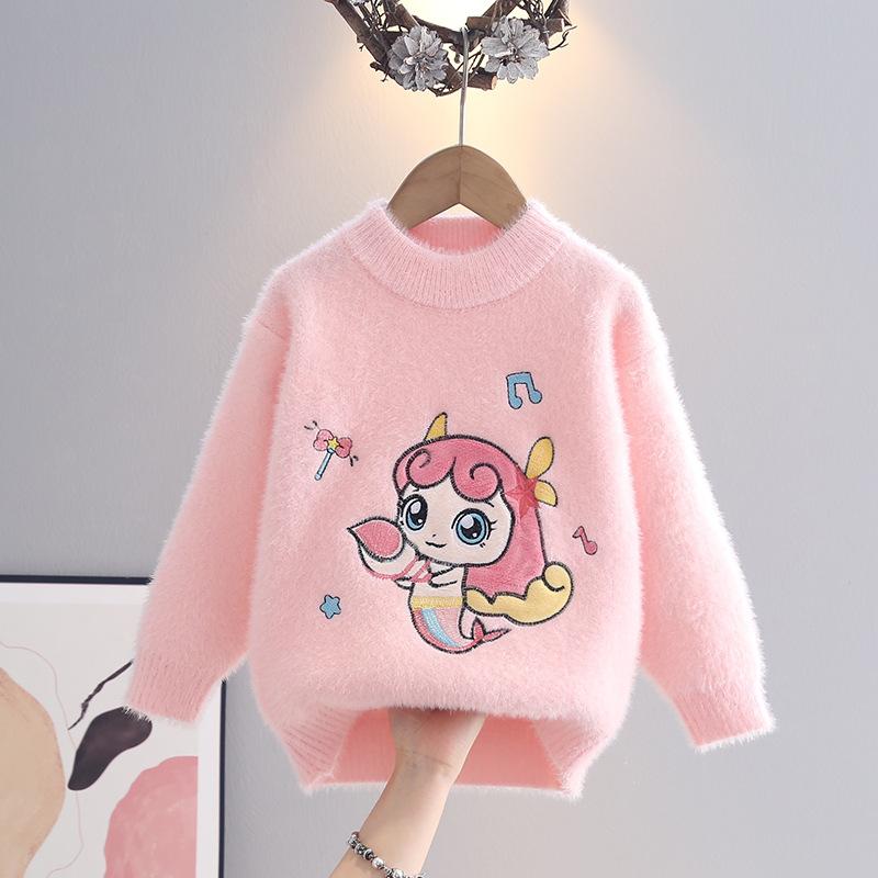 Anime Kawaii Kuromi Melody Children' Sweater Sanrio Girl Cartoon Spring Autumn Mink Fur Warm Round-Neck Base Layer Knitwear