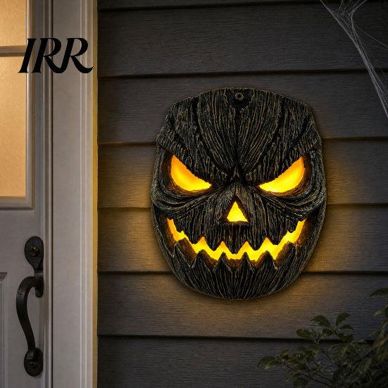 Spooky Pumpkin Lampshade Face Figurine, Wall Mounted Tree Statue, Hanging Resin Hugger for Outdoor Yard, Decor Porch Decoration