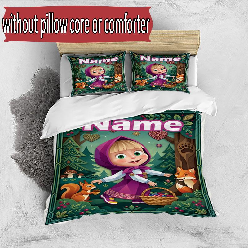3pcs Duvet Cover Set (1*Duvet Cover + 2*Pillowcase, Without Core), Custom Name Masha and the Bear Pattern Bedding Set, Home Bedroom Decor Gift