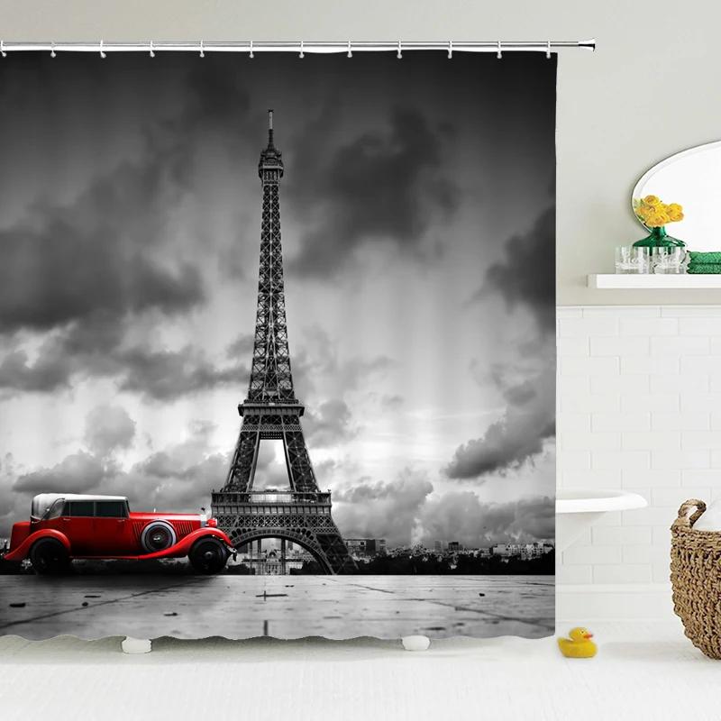 Eiffel Tower Paris Scenery Shower Curtain Vintage Scenery Cherry Blossom Butterfly Polyester Fabric Bath Curtains Bathroom Decor