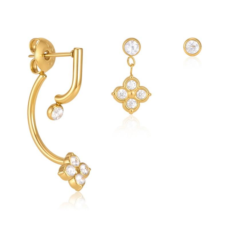Stainless Steel Clover Zircon Pendant Earrings Set Front Back Wear Women Fashion Stud Dangle Earring Daily Office