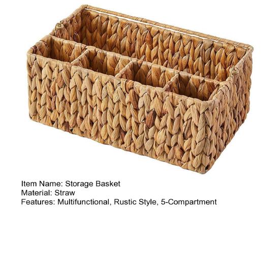 Utensil Caddy with 5 Compartments Hand-woven Storage Basket with Handle Rustic Cutlery Flatware Organizer for Picnic BBQ Kitchen Countertop Storage
