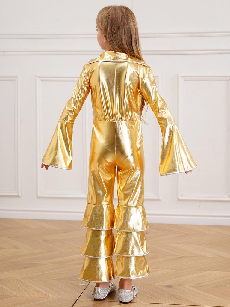 Блестящий металлический комбинезон-клеш для девочек, боди для джазовых танцев, сценический костюм 1970-х годов для косплея в стиле диско, карнавальный костюм для вечеринки в стиле рейв