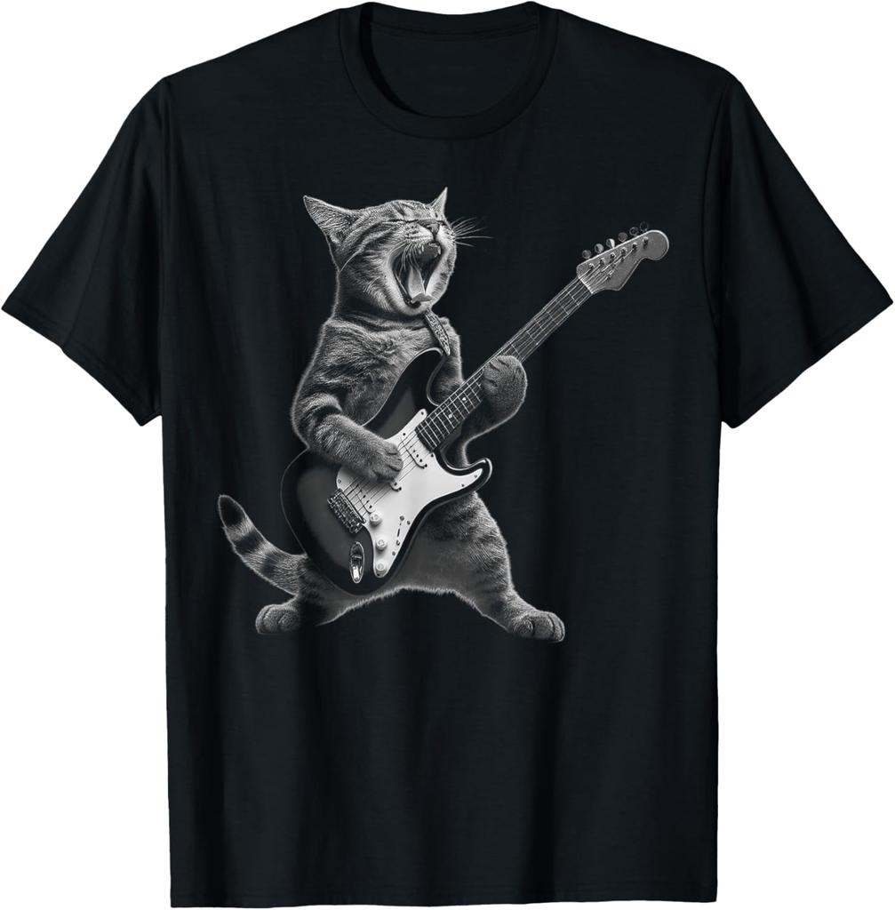 Funny Guitar Cat Rock Humorous Kitty Lover Cat Playing Guitar TShirt Graphic cotton Cute Musical Rock Comics Kitten Outfits Gift
