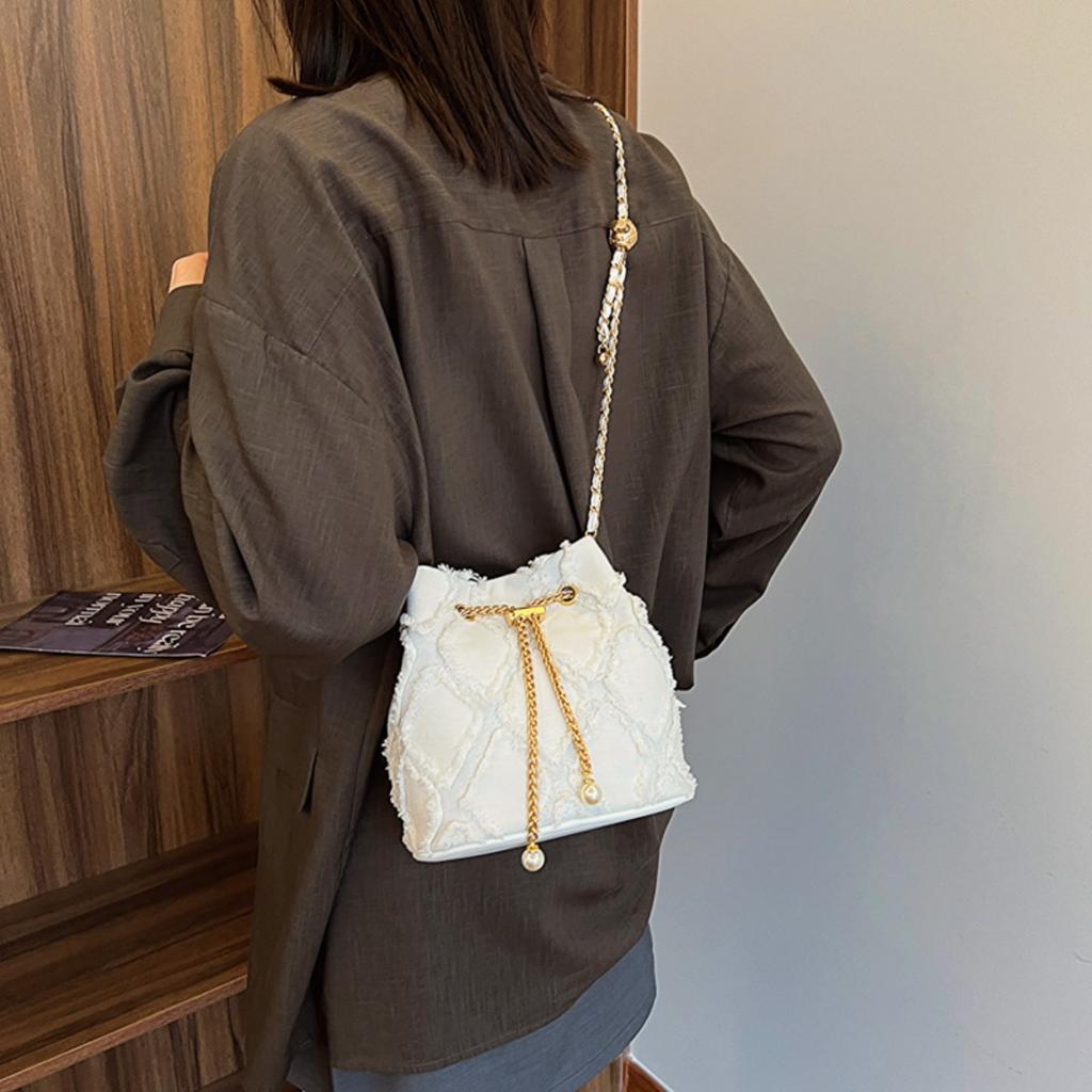 Ling Grid Chain Bucket Bag, Simple Crossbody Bag, Women's Trendy Drawstring Tassel Shoulder Bag
