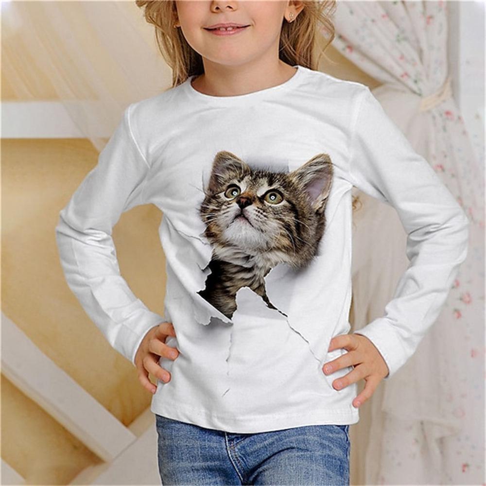 Girl Clothes Casual 3D Cat Graphic T Shirts Long Sleeve Tshirts Round Neck White T-Shirt Fashion Tops Outdoor Clothing for Girls