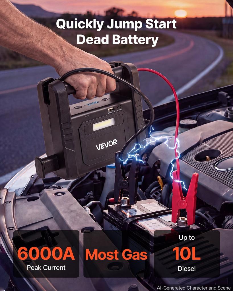 Jump Starter 6000A Peak Portable Car Battery Booster Jump Box 12V, for Up to Most Gas / 10.0L Diesel Engine, Power Bank, 3 Mode Emergency LED