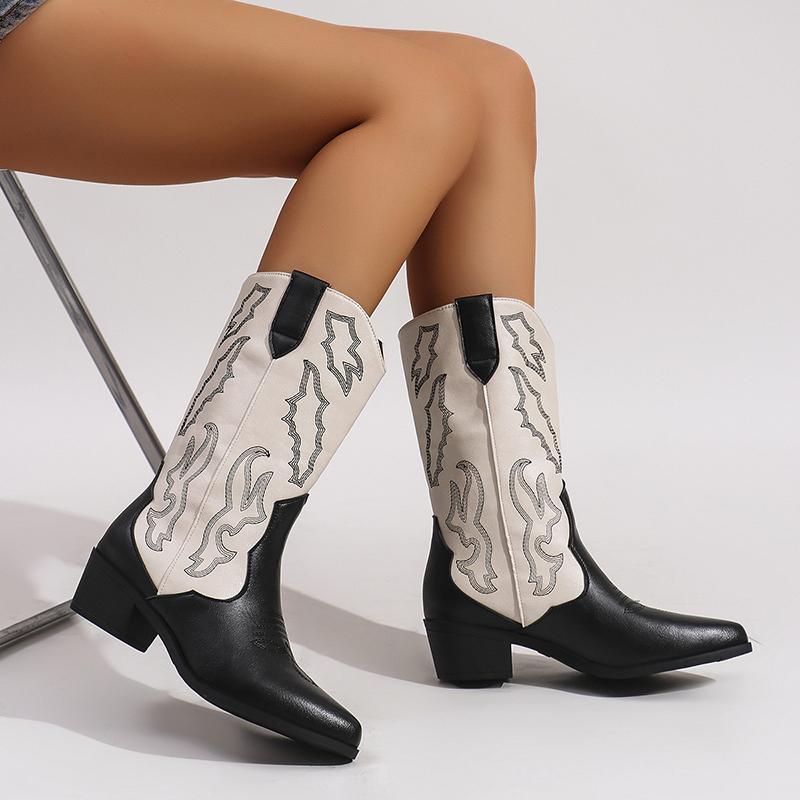 Vintage Slip On Women Western Cowgirl Boots Fashion Elegant Embroidery Shoes Thick Heel Women's Modern Mid Calf Booties