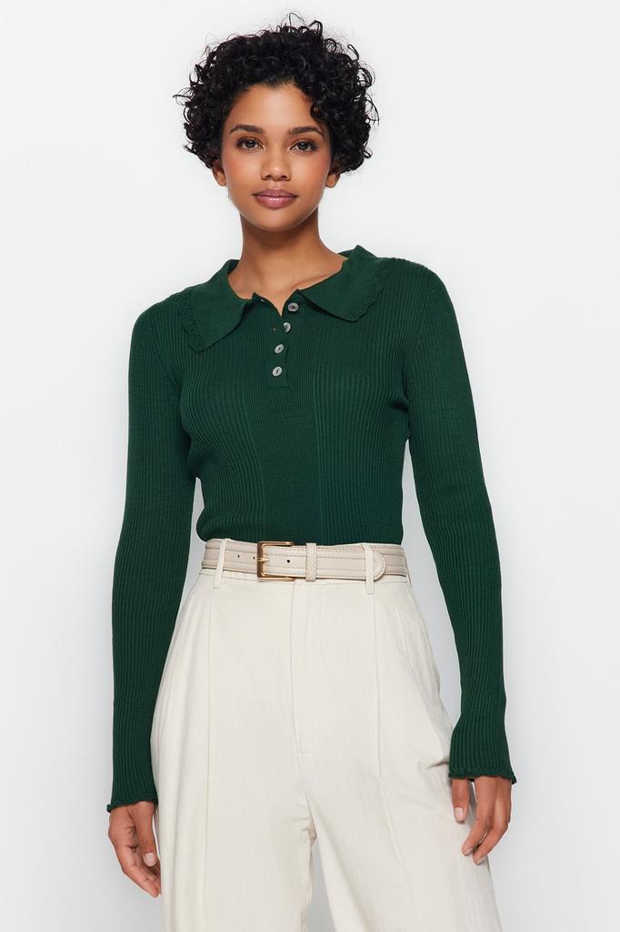 Женский модный новый свитер Изумрудно-зеленый трикотаж с вырезом поло