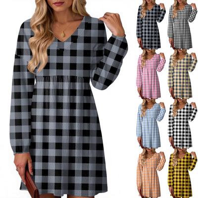 Женское модное платье с клетчатым принтом, V-образным вырезом и длинными рукавами