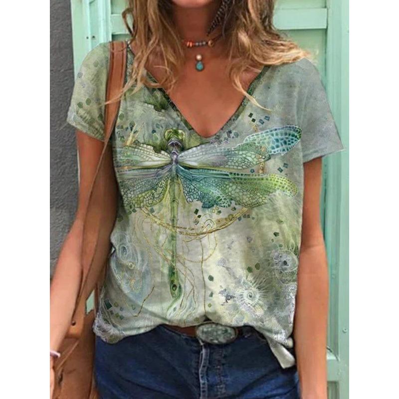Summer Butterfly Dragonfly 3dV Neck Printed New Women's Top T-shirt